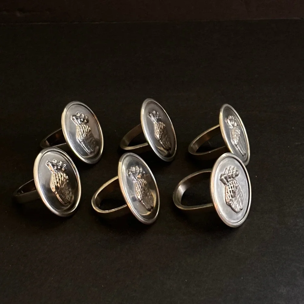 Handmade Pewter Acorn Napkin Rings Set 6 Artist Signed 1980s Vintage
